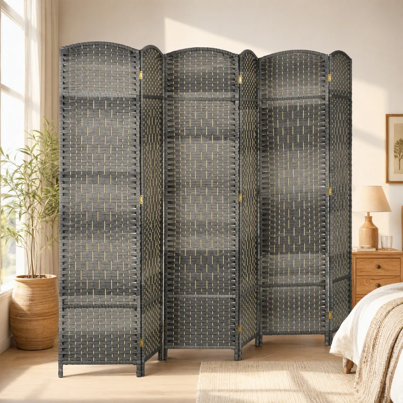HOMCOM Folding Room Divider Screen 6 Panel 6' Tall Privacy Screen Freestanding Wood Partition for Home Office, Mixed Gray