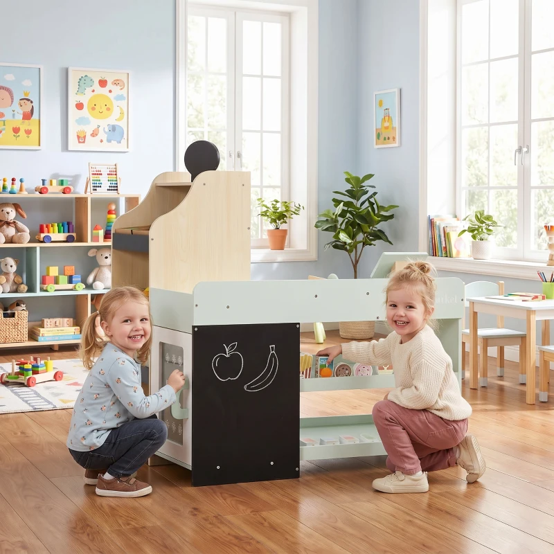 Qaba Kids Grocery Store Playset, Wooden Play Store with Play Food, Cash Register, Chalkboard, 44 Accessories for Ages 3-6