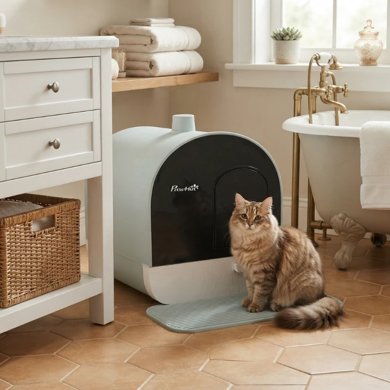 PawHut Fully Enclosed Cat Litter Box with Lid & Drawer Design, Covered Litter Box Anti-Leakage, Anti-Splashing, Green