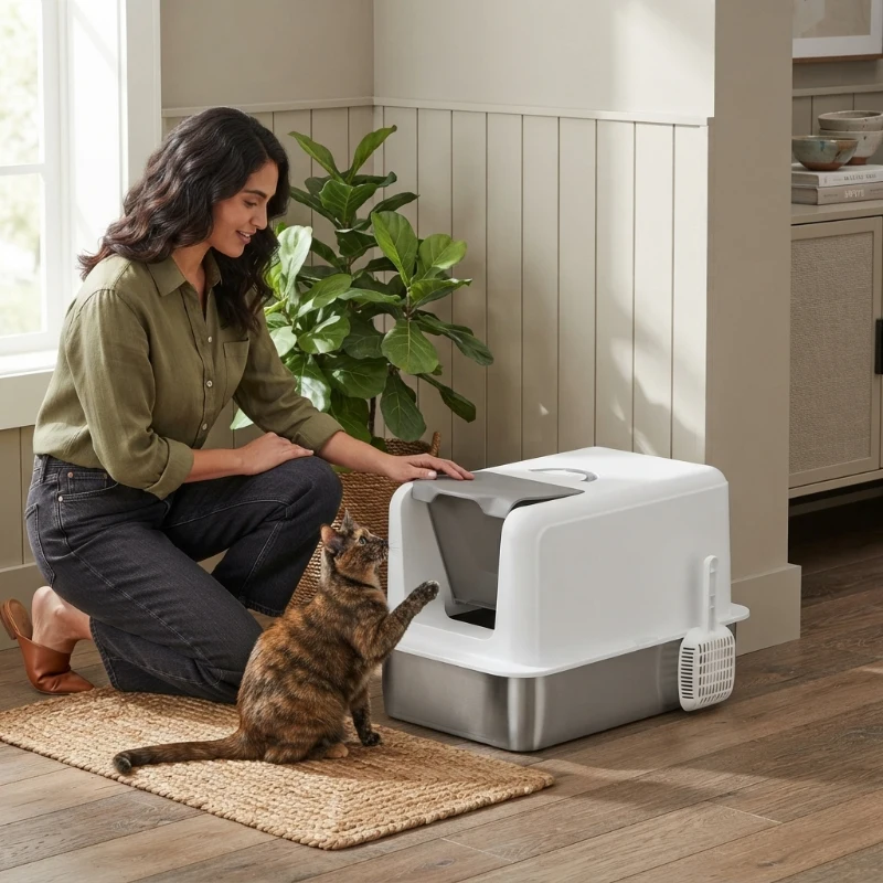 PawHut 2 in 1 Stainless Steel Cat Litter Box with Removable Lid, Scoop, Filter Bags, for Small to Large Cats, White