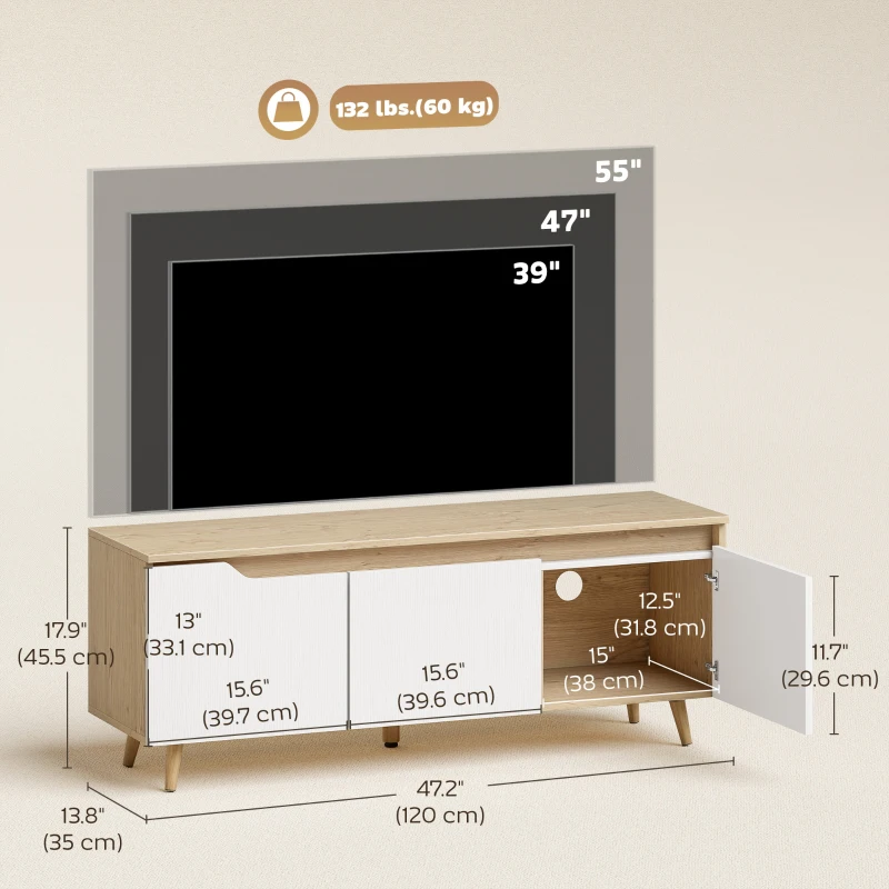 HOMCOM TV Stand for TVs up to 55 Inches Farmhouse TV Console Storage Adjustable Shelf 3 Cabinets Living Room Oak and White