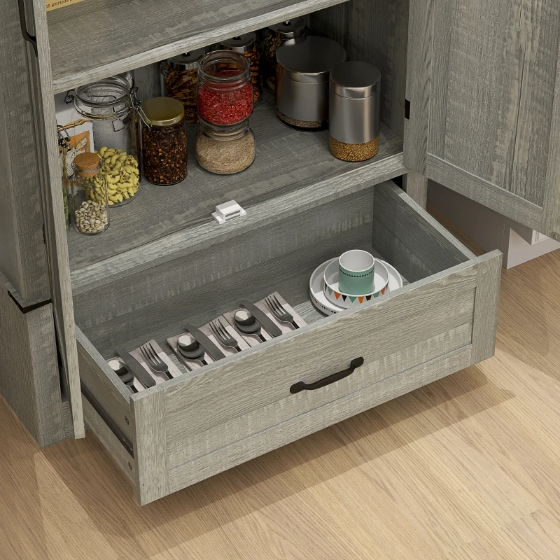 HOMCOM 72" Farmhouse Pantry Cabinet with Adjustable Shelves, Kitchen Pantry Cabinet with 2 Doors, Distressed Light Grey