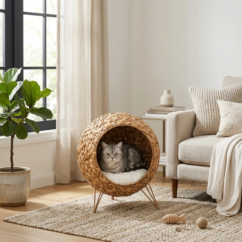 PawHut 20.5" Weaved Cat Bed, Elevated Hand-woven Braided Banana Leaf Kitten House Condo with Cushion, Natural