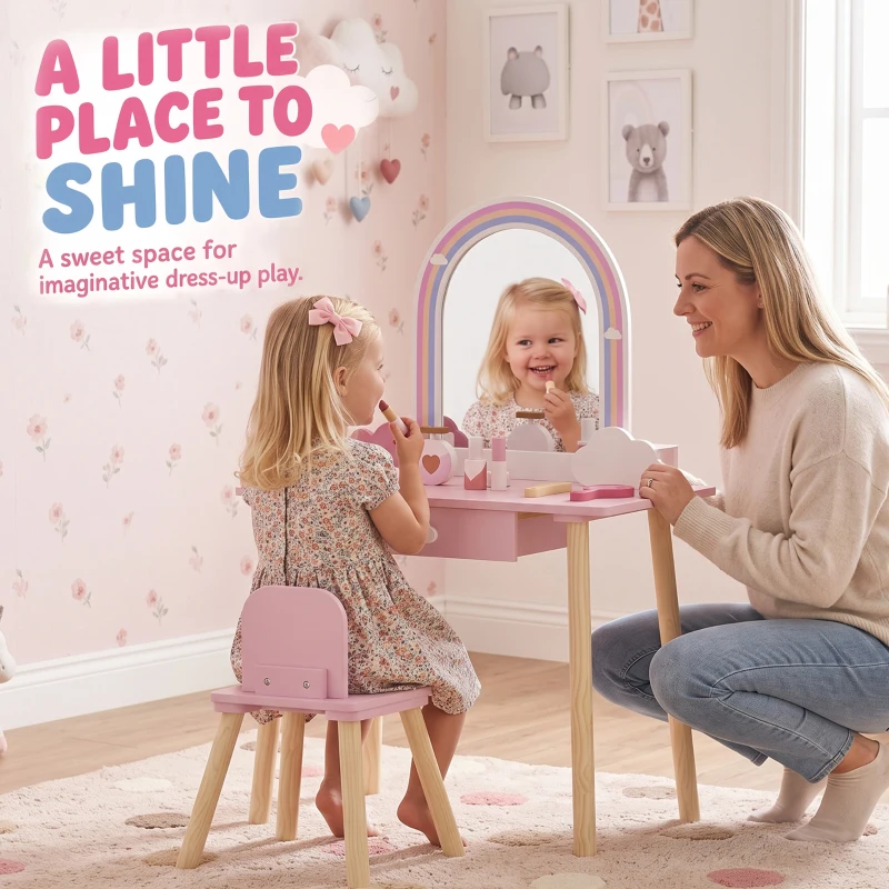 Qaba Kids Vanity Set, Makeup Vanity Table with Mirror, Stool, Drawer, 7-Piece Accessories, Cloud-Design for Girls 3-6 Y, Pink