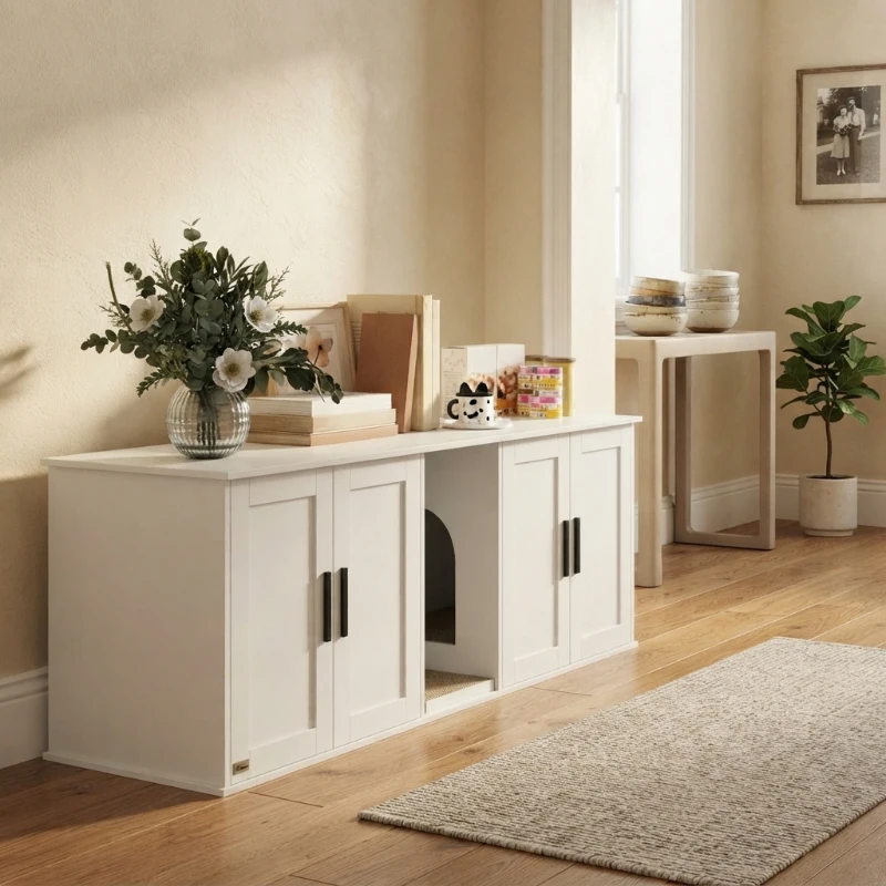PawHut Cat Litter Box Enclosure with Double Room, Scratching Mat for 2 Cats, 57" x 19" x 20", White