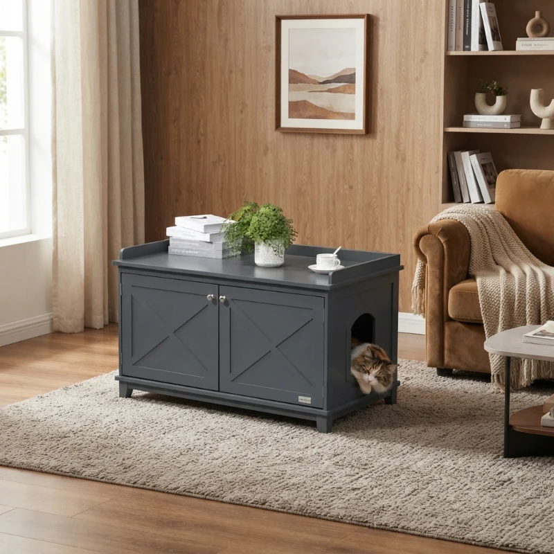PawHut Cat Litter Box Furniture with Large Hidden Storage
