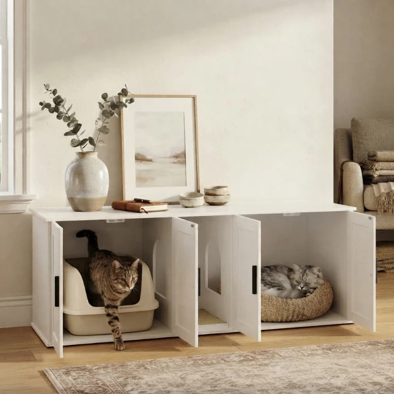 PawHut Cat Litter Box Enclosure with Double Room, Scratching Mat for 2 Cats, 57" x 19" x 20", White
