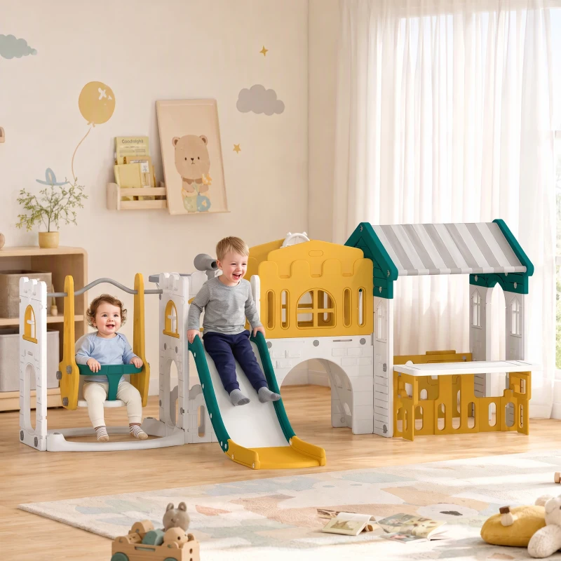 Qaba 11 in 1 Toddler Slide and Swing Set w/ Playhouse, Kids Slide Playset Indoor Playground for 1-4 Years, Yellow