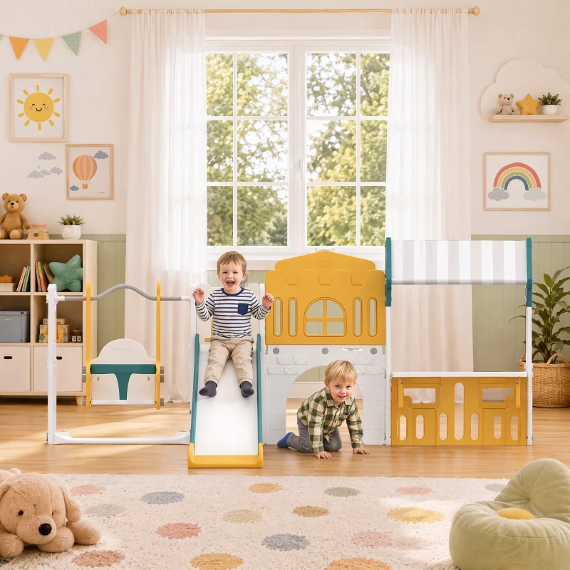 Qaba 11 in 1 Toddler Slide and Swing Set w/ Playhouse, Kids Slide Playset Indoor Playground for 1-4 Years, Yellow