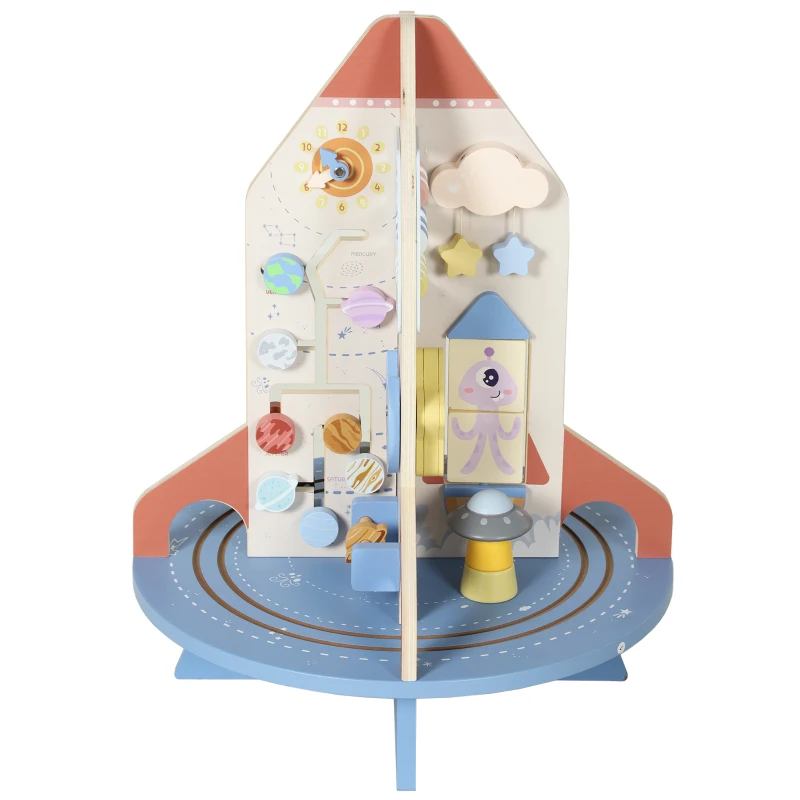 Qaba Wooden Activity Cube, Rocket Theme Educational Toys with Shape Sorter & Bead Maze for Toddlers 24M-6Y Fine Motor Skill