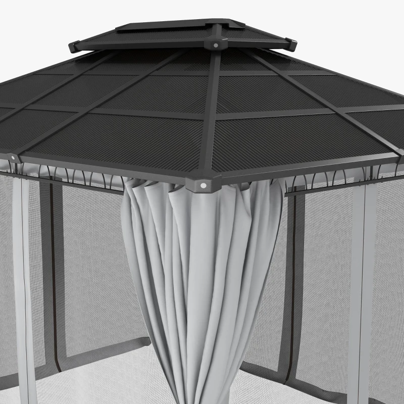 Outsunny 10' x 12' Outdoor Hardtop Gazebo w/ Double PC Roof, Steel Frame, Nettings, Curtains for Garden Lawn Deck, Grey