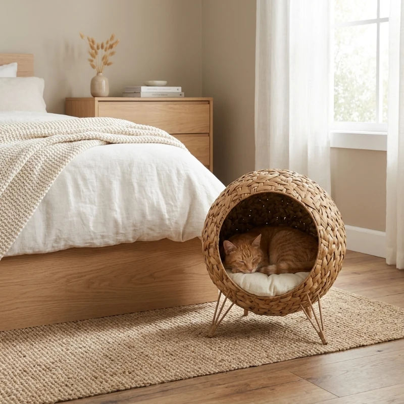 PawHut 20.5" Weaved Cat Bed, Elevated Hand-woven Braided Banana Leaf Kitten House Condo with Cushion, Natural