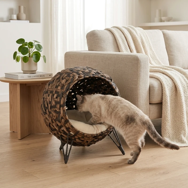 PawHut 20.5" Weaved Cat Bed, Elevated Hand-woven Braided Banana Leaf Kitten House Condo with Cushion, Brown