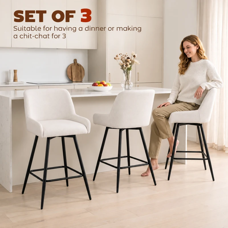 HOMCOM Kitchen Island Chairs Counter Height Bar Stools with Swivel Linen Seat and Footrest, Cream White