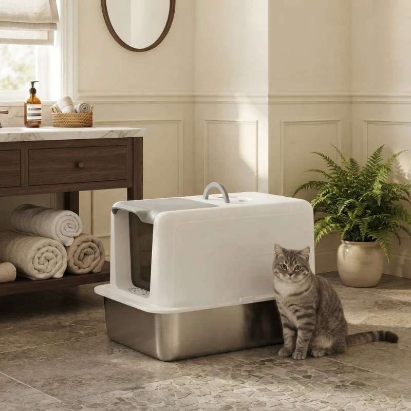 PawHut 2 in 1 Stainless Steel Cat Litter Box with Removable Lid, Scoop, Filter Bags, for Small to Large Cats, White
