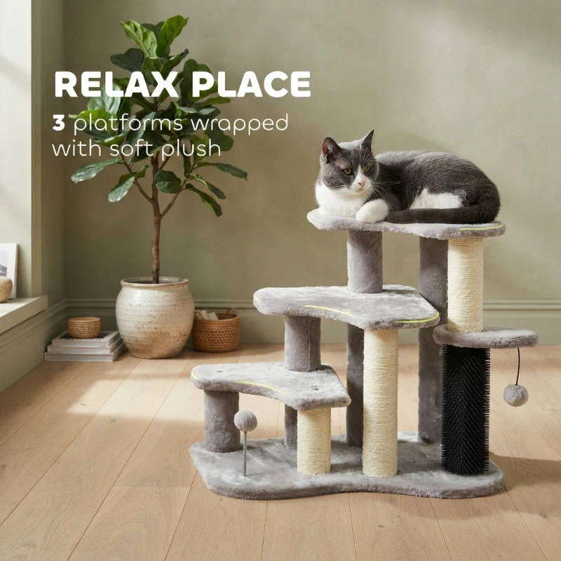 PawHut 2 in 1 Cat Tree Tower 3-Step Pet Stairs with Scratching Posts, Tickling Post, Toy Balls, for High Beds, Couch