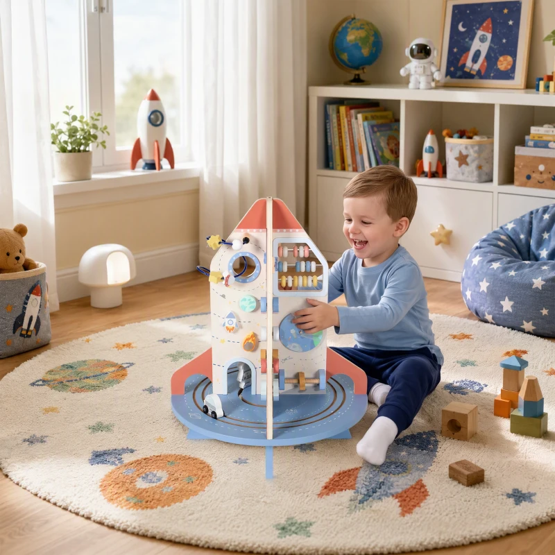 Qaba Wooden Activity Cube, Rocket Theme Educational Toys with Shape Sorter & Bead Maze for Toddlers 24M-6Y Fine Motor Skill