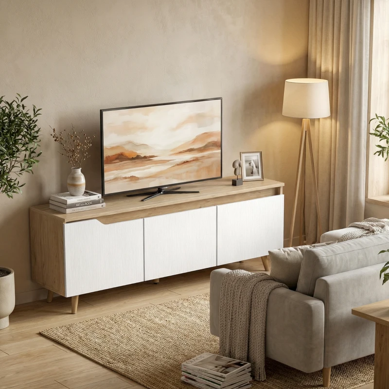 HOMCOM TV Stand for TVs up to 55 Inches Farmhouse TV Console Storage Adjustable Shelf 3 Cabinets Living Room Oak and White