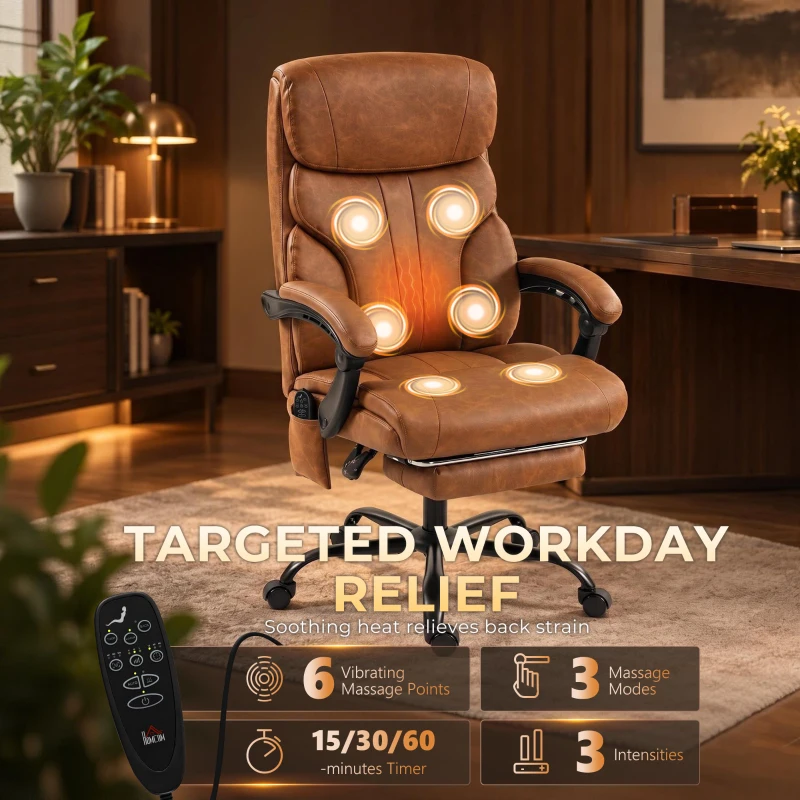 HOMCOM Massage Office Chair Vibration Computer Chair Heated Reclining PU Leather Footrest Height Adjustable Brown