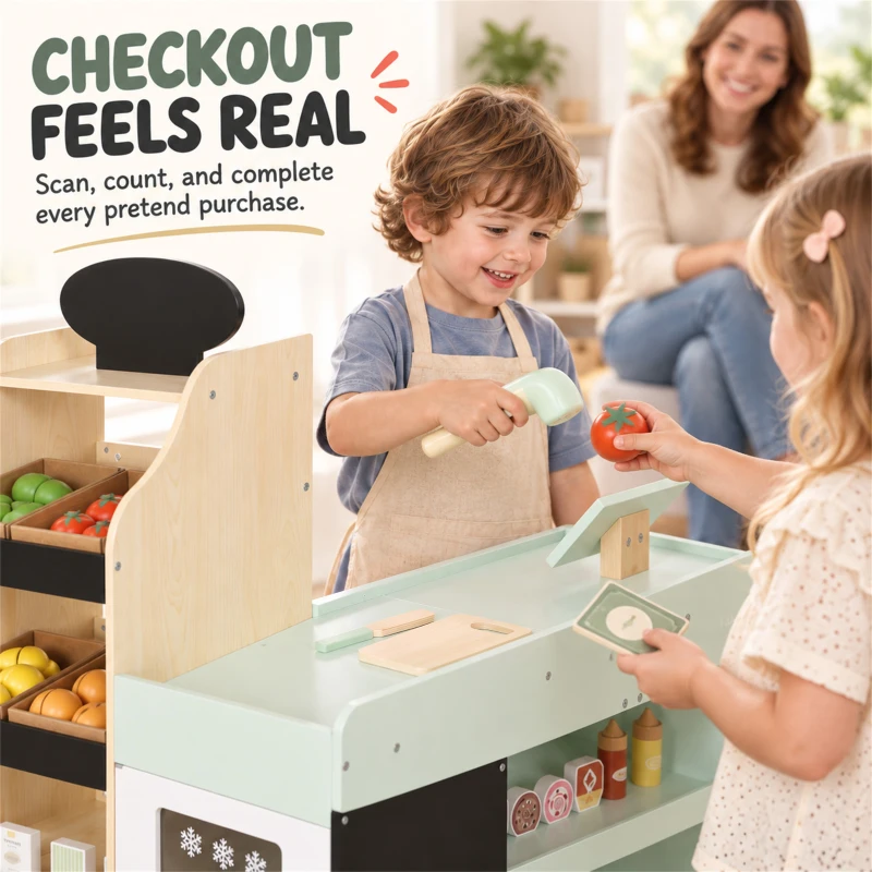 Qaba Kids Grocery Store Playset, Wooden Play Store with Play Food, Cash Register, Chalkboard, 44 Accessories for Ages 3-6