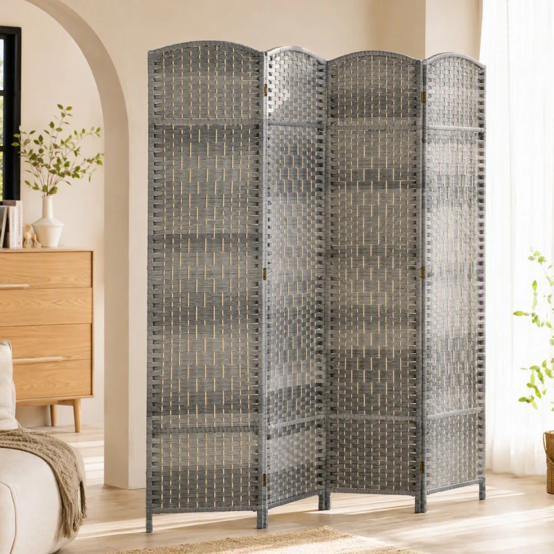 HOMCOM Folding Room Divider Screen 4 Panel 6' Tall Privacy Screen Freestanding Wood Partition for Home Office, Mixed Gray