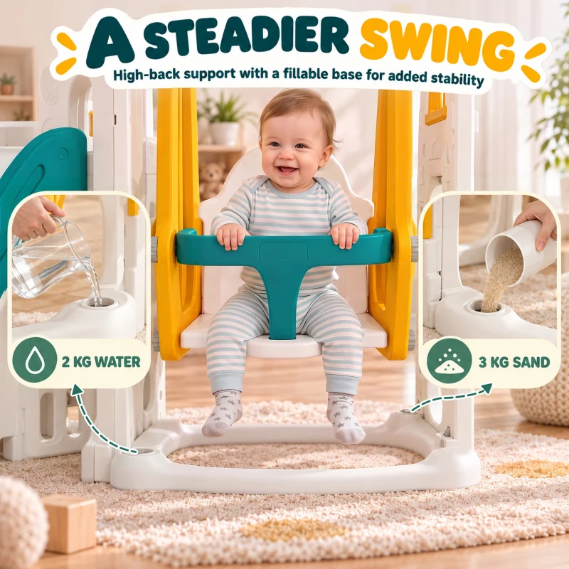 Qaba 11 in 1 Toddler Slide and Swing Set w/ Playhouse, Kids Slide Playset Indoor Playground for 1-4 Years, Yellow