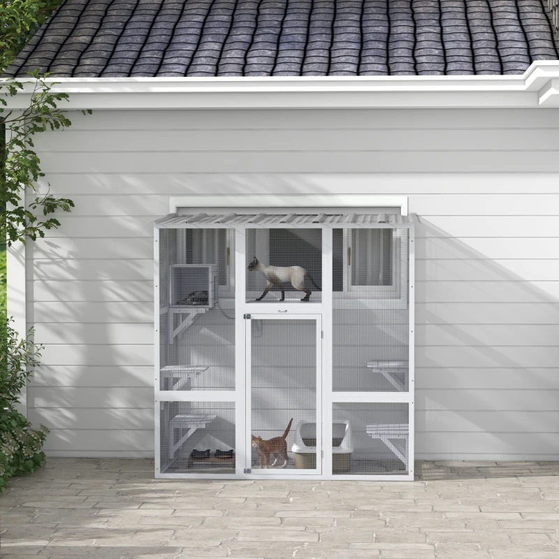 PawHut Large Outdoor Catio, Cat Window Box with Weatherproof Roof, Bridge, Resting Box, Platforms, for 2 Kittens, White