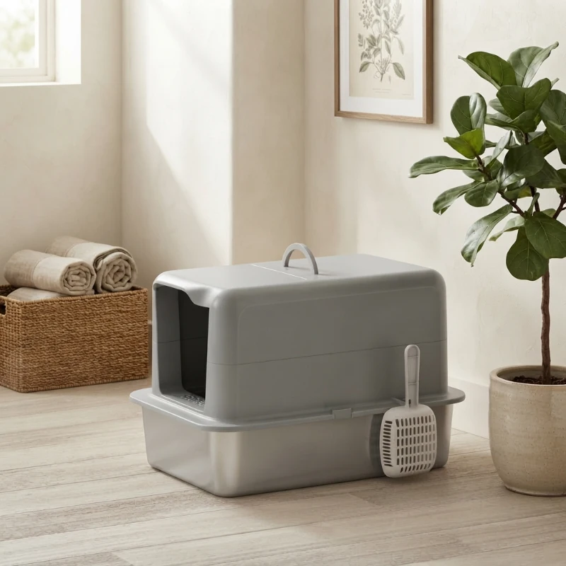 PawHut 2 in 1 Stainless Steel Cat Litter Box with Removable Lid, Scoop, Filter Bags, for Small to Large Cats, Gray