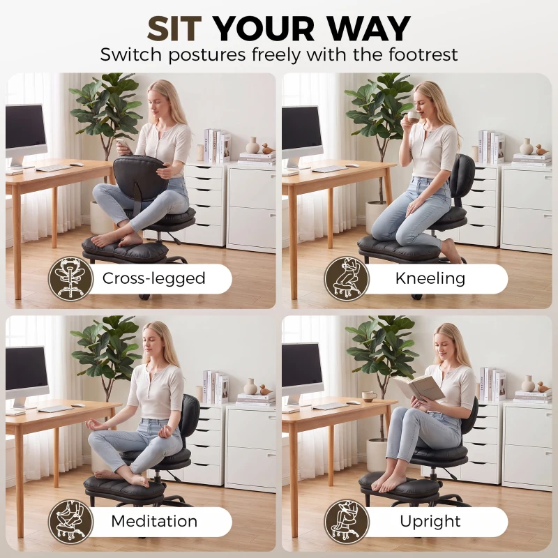 HOMCOM Ergonomic Cross Legged Office Chair, 360° Swivel Meditation Desk Chair with Wheels and Detachable Wider Footrest, Black