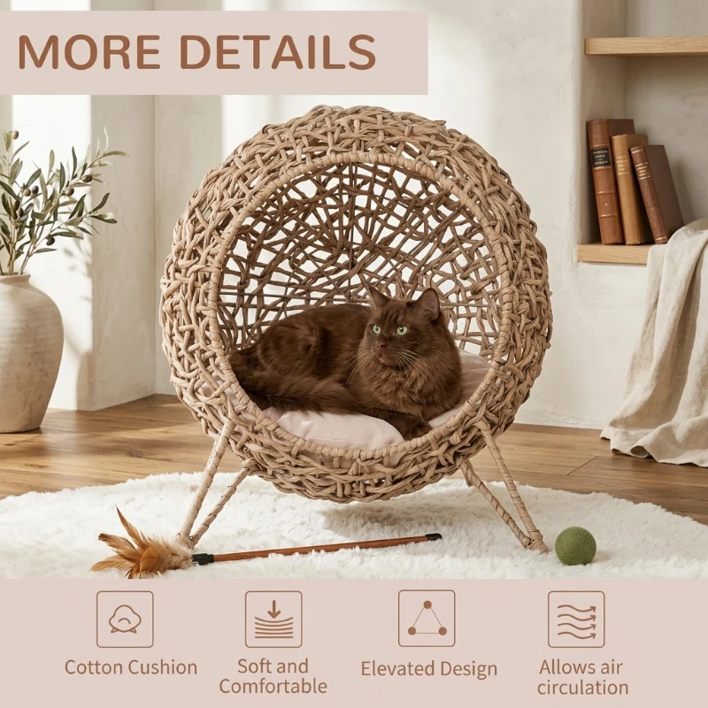 PawHut 20.5" Weaved Cat Bed, Elevated Hand-woven Braided Banana Leaf Kitten House Condo with Cushion, Beige