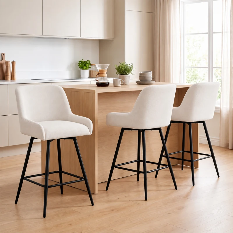 HOMCOM Kitchen Island Chairs Counter Height Bar Stools with Swivel Linen Seat and Footrest, Cream White