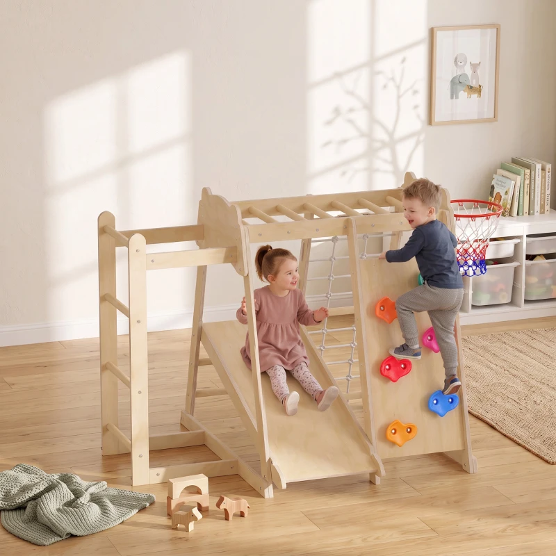 Qaba 7-in-1 Kids Montessori Jungle Gym with Reversible Slide, Basketball Hoop, Monkey Bars, Rock Wall, Climbing Net & Ladder
