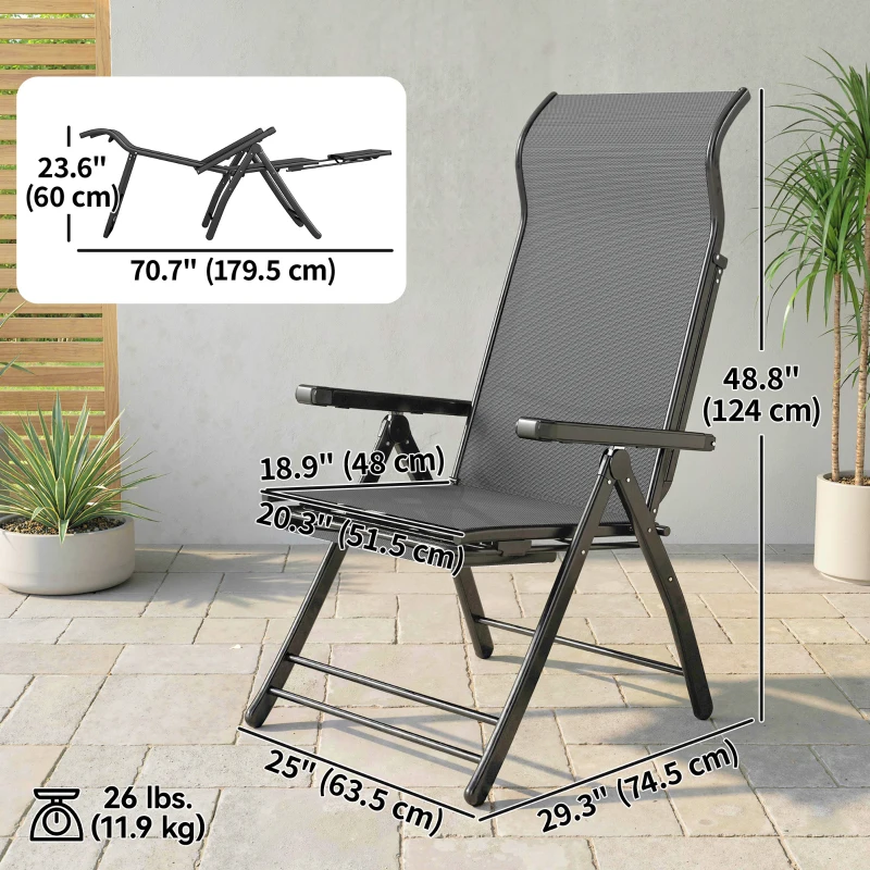 Outsunny Folding Patio Chairs Set of 2, 5-Position Outdoor Lounge Chairs with High Back, Retractable Footrest, Dark Grey