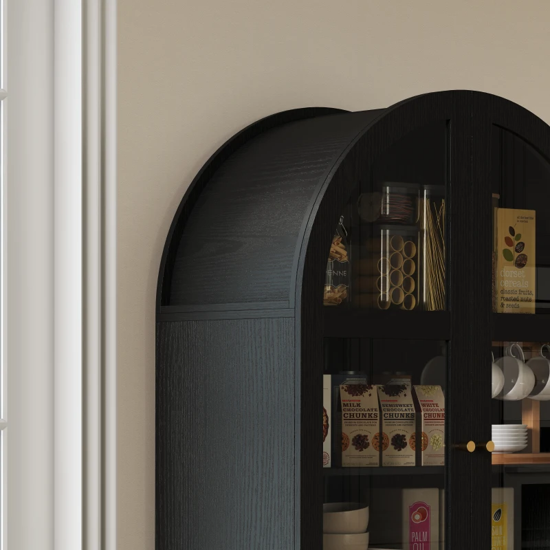 HOMCOM 71" Tall Arched Kitchen Pantry Cabinet, Farmhouse Kitchen Storage Cabinet with Acrylic Glass Doors, Black