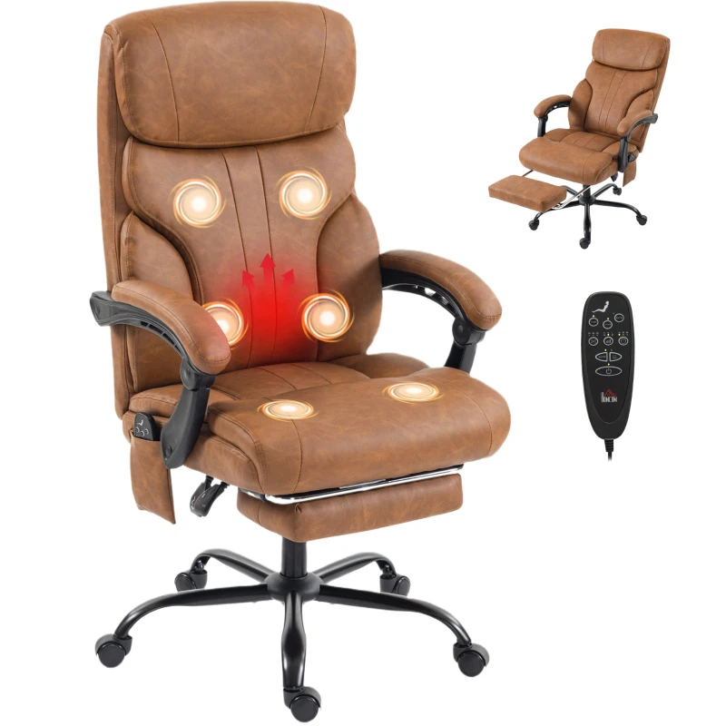 HOMCOM Massage Office Chair Vibration Computer Chair Heated Reclining PU Leather Footrest Height Adjustable Brown