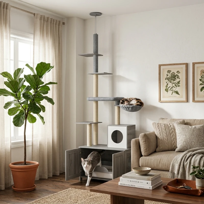 PawHut 2 in 1 Floor to Ceiling Cat Tree with Litter Box Enclosure, Condo, Bed, Hammock, Scratching Posts, and Platforms, Gray