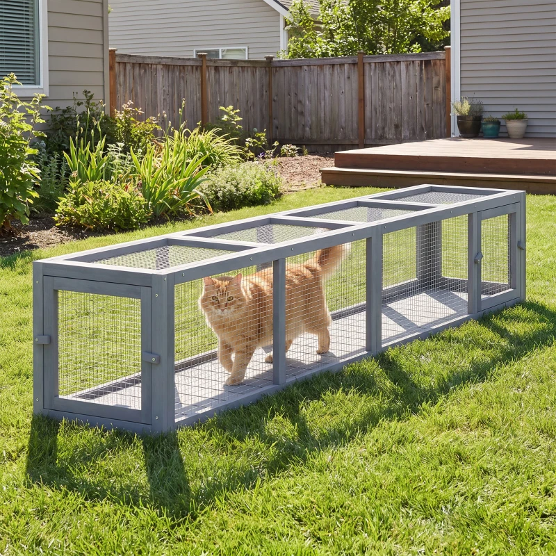 PawHut Wooden Cat Run with Weather Protection, Connecting Inside and Outside, 79"L x 15"W x 15"H, Dark Gray