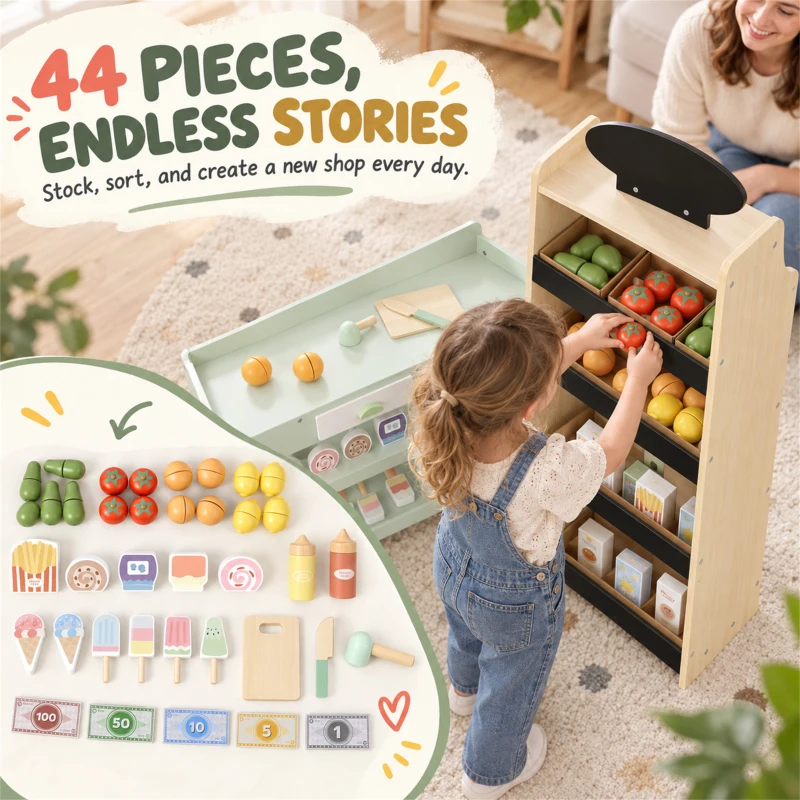 Qaba Kids Grocery Store Playset, Wooden Play Store with Play Food, Cash Register, Chalkboard, 44 Accessories for Ages 3-6
