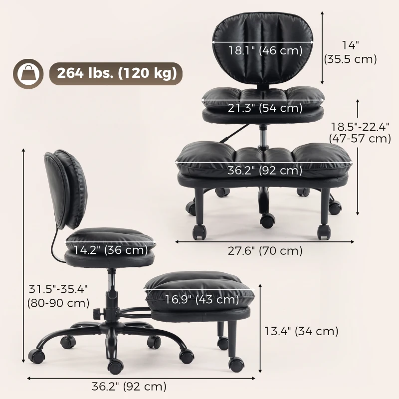 HOMCOM Ergonomic Cross Legged Office Chair, 360° Swivel Meditation Desk Chair with Wheels and Detachable Wider Footrest, Black