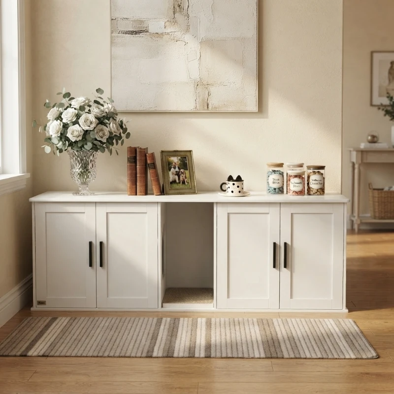 PawHut Cat Litter Box Enclosure with Double Room, Scratching Mat for 2 Cats, 57" x 19" x 20", White