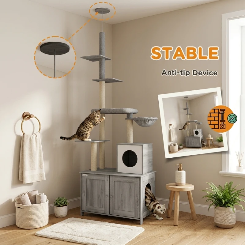 PawHut 2 in 1 Floor to Ceiling Cat Tree with Litter Box Enclosure, Condo, Bed, Hammock, Scratching Posts, and Platforms, Gray