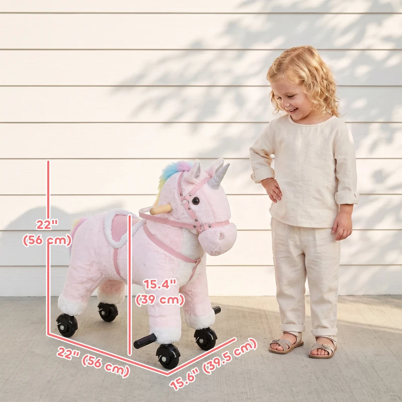 Qaba Unicorn Ride on Toy for Girls 2-5 Years, Ride On Unicorn with Wheels and Sounds for Active Play, Birthday Gift, Pink