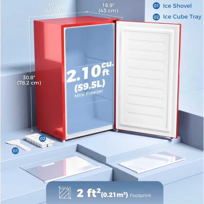 HOMCOM Compact Upright Freezer, 2.1 Cubic Feet Mini Freezer with Reversible Door, 2 Shelves, Adjustable Temperature, Red