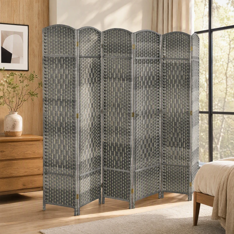 HOMCOM Folding Room Divider Screen 6 Panel 6' Tall Privacy Screen Freestanding Wood Partition for Home Office, Mixed Gray