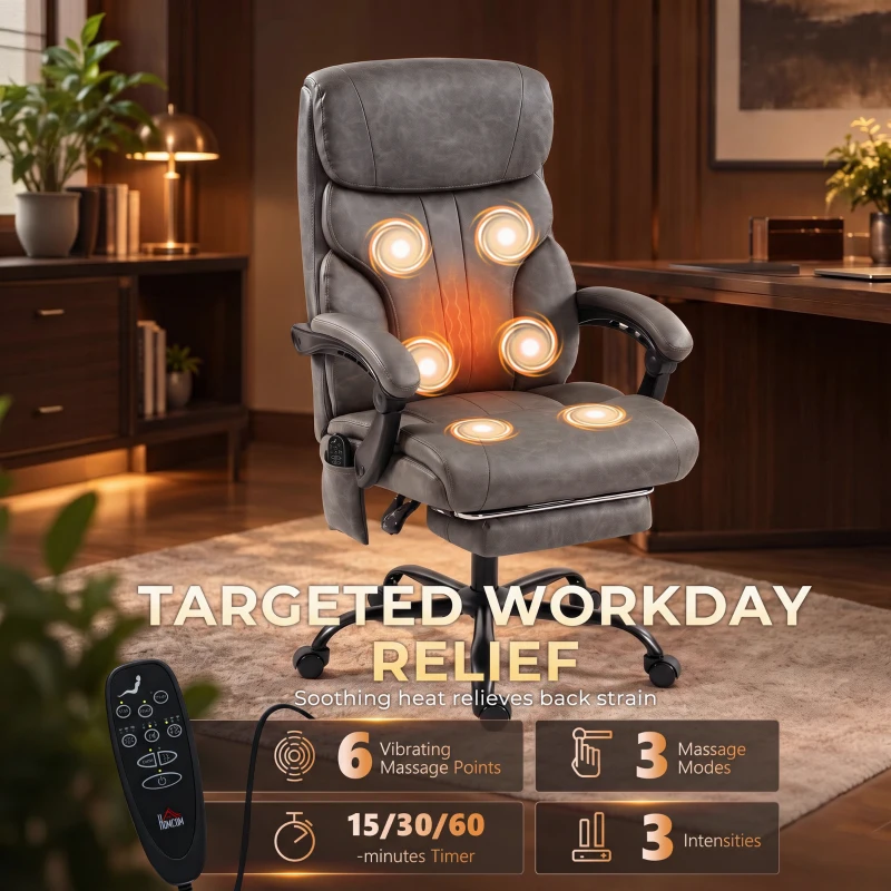 HOMCOM Massage Office Chair Vibration Computer Chair Heated Reclining PU Leather Footrest Height Adjustable Gray