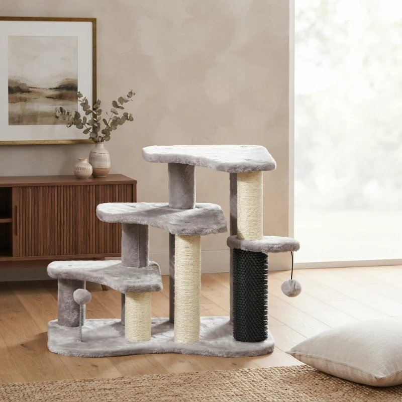PawHut 2 in 1 Cat Tree Tower 3-Step Pet Stairs with Scratching Posts, Tickling Post, Toy Balls, for High Beds, Couch