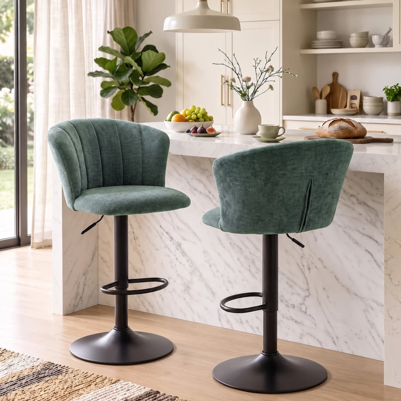 HOMCOM Adjustable Bar Stools Set of 2 with Back, Footrest, Chenille Upholstered Bar Chairs for Kitchen Island, Dark Green