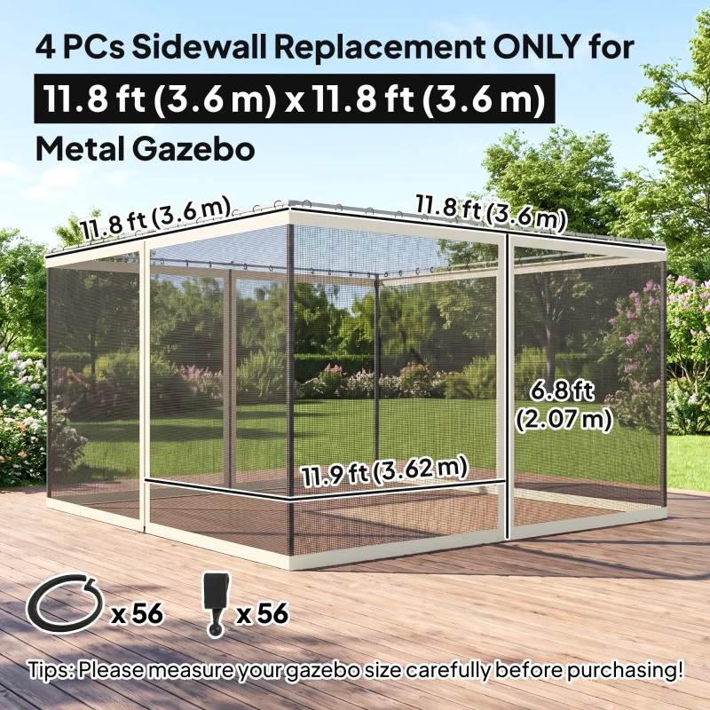 Outsunny Replacement Mosquito Netting for Gazebo 12' x 12' Black Screen Walls for Canopy with Zippers for Parties and Outdoor Activities, Cream White