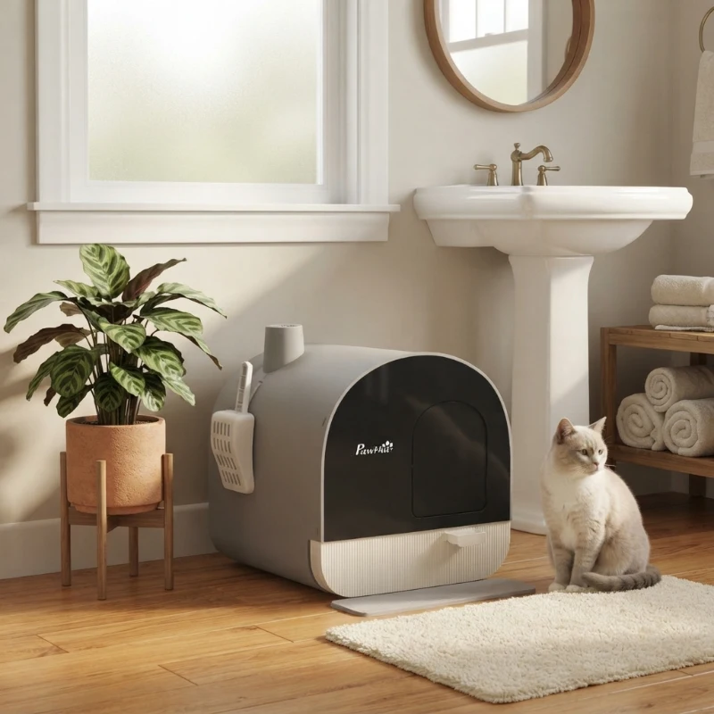 PawHut Cat Litter Box with Lid with Scoop and Filter, Light Gray