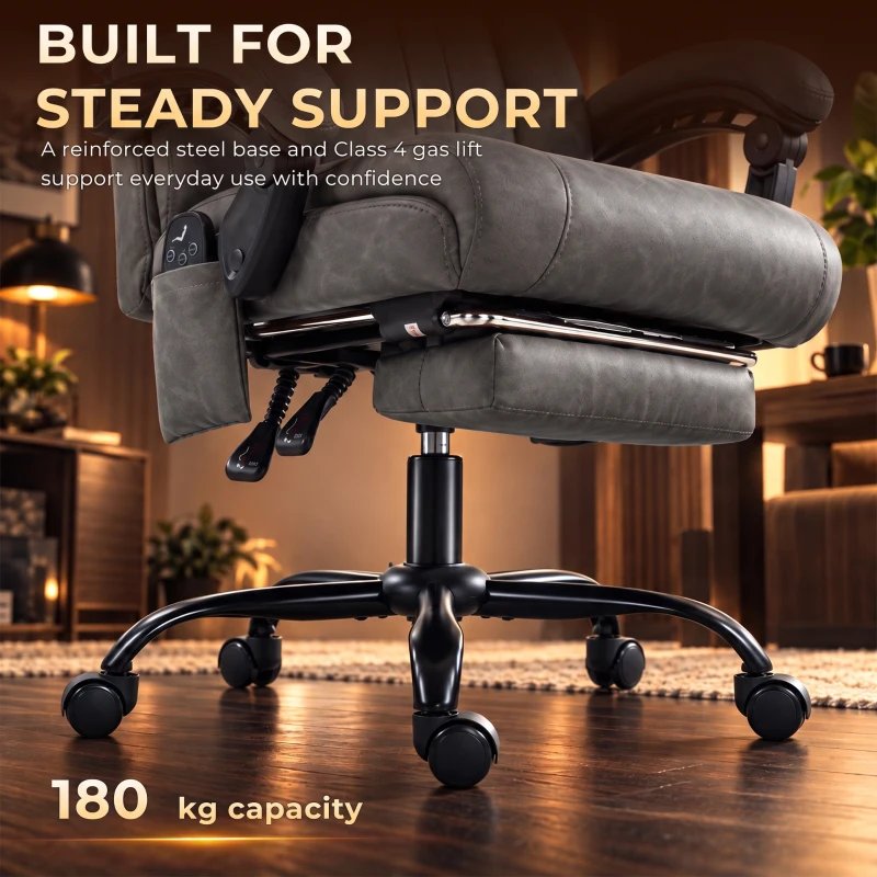 HOMCOM Massage Office Chair Vibration Computer Chair Heated Reclining PU Leather Footrest Height Adjustable Gray